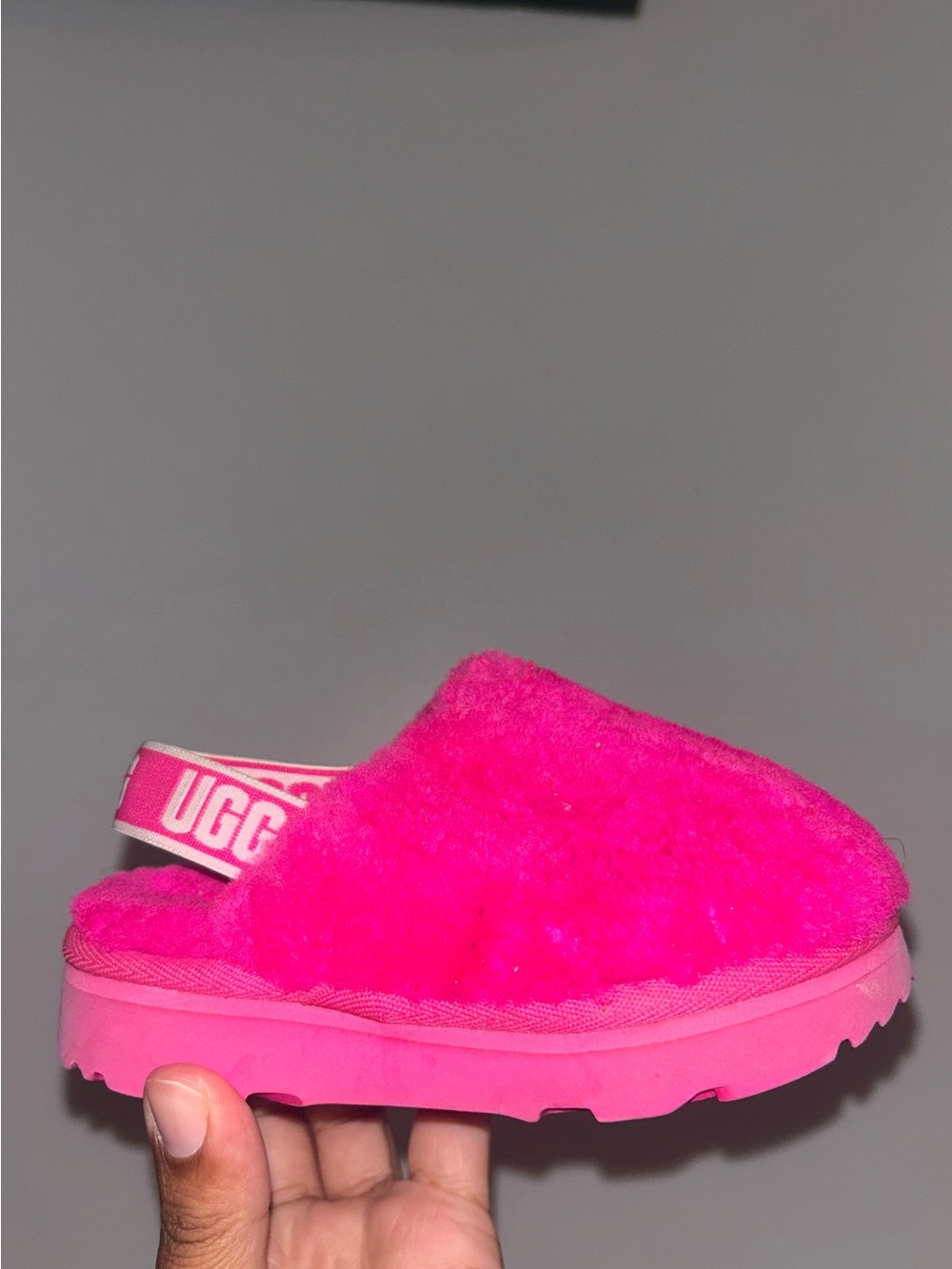 UGG Kids Hot Pink Fuzzy Slide with Logo Strap Size 7
